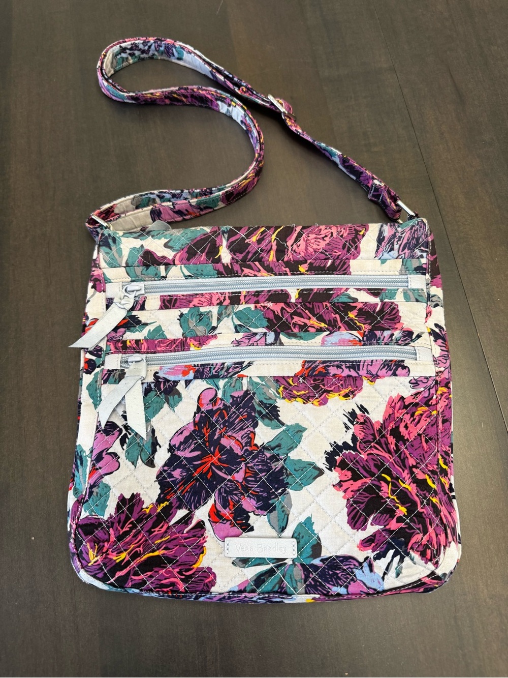 Vera Bradley Triple Zip Hipster Crossbody Purse Bag Neon Blooms Floral Blue